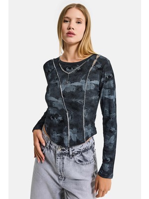 It's Basic Kadın Siyah Antrasit w5 Baskılı Özel Elastan Kumaş Kolye Aksesuarlı Tasarım Body