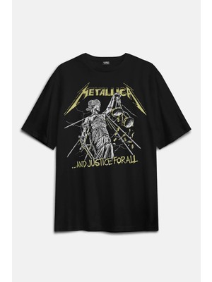  Heavy Metal Music Metallica And Justice For All Vintage Siyah Oversize Ön ve Sırt Baskılı Tişört