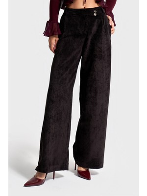It's Basic Kadın Siyah Renk w5-1 Palazzo Fit Kemer Detaylı Kalın Fitilli Velvet Kadife Kumaş Pantolon