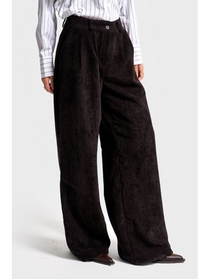 It's Basic Kadın Siyah Renk w5-1 Süper Palazzo Fit Pileli Kalın Fitilli Velvet Kadife Kumaş Pantolon