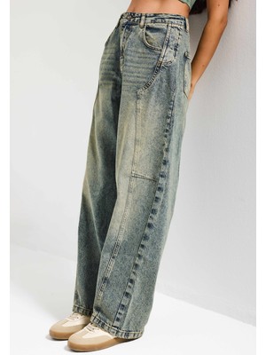 It's Basic Kadın T.Kot Rengi 4w5-85 Barrel Fit Cep Detaylı %100 Koton Tasarım Denim Jean