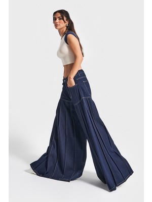 It's Basic Kadın İndigo Renk 7w5-50 Elephant Leg Fit Süper Bol Kesim Viskon Kumaş Tasarım Denim Jean