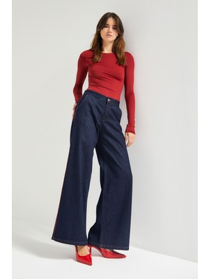 It's Basic Kadın İndigo Renk 7w5-50 Wide Leg Fit Viskon Kumaş Şerit Detaylı Özel Tasarım Denim Jean