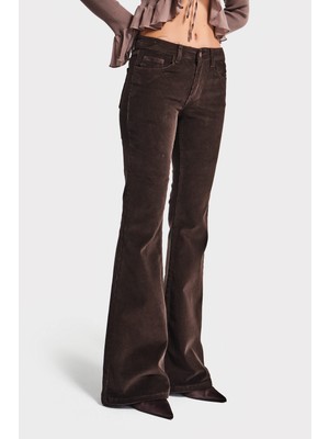 It's Basic Kadın Koyu Kahverengi 26w5-136 Low Waist Flare Fit İnce Fitilli Velvet Kadife Kumaş Pantolon