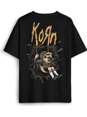  Korn Metal Rock Müzik Sırt Ön Baskılı Oversize Tişört Unisex Siyah T-Shirt