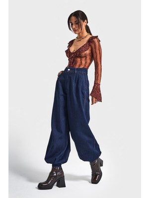 It's Basic Kadın İndigo Renk 7w5-50 Wide Leg Baggy Fit Paça Detaylı Bol Kesim Tasarım Denim Jean