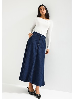 It's Basic Kadın İndigo Renk 7w5-50 A Tipi Çan Kesim Maxi Boy %100 Koton Denim Etek