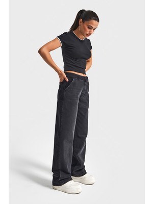 It's Basic Kadın Taşlanmış Siyah Renk 2w5-1 Loose Fit Kadife Denim Parçalı Tasarım Denim Jean