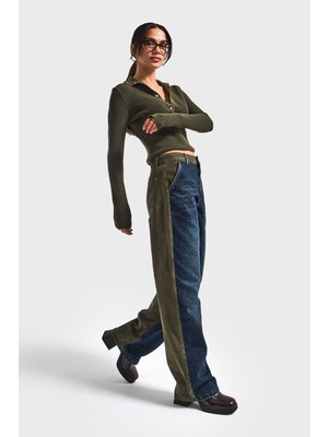 It's Basic Kadın Haki Kot Rengi 2w5-31 Loose Fit Kadife Denim Kumaş Tasarım Denim Jean