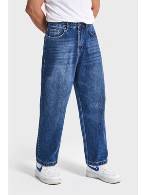 It's Basic Erkek Koyu Mavi Renk 3w5-5 Loose Baggy Fit Bol Kesim Cep Nakış Detaylı Denim Jean