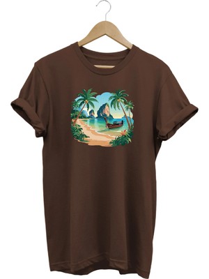  Unisex Regular Tropikal Ada Evi ve Palmiye Baskılı Bisiklet Yaka T-Shirt