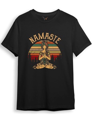  Unisex Yoga Nameste Baskılı Şık Tasarımlı %100 Pamuk Bisiklet Yaka Siyah T-Shirt