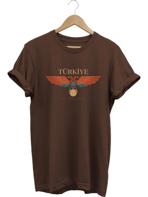  Unisex Türkiye Çift Başlı Kartal Baskılı Oversize Bisiklet Yaka T-Shirt