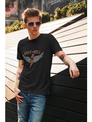  Rock And Roll Rock Müzik Kanat Baskılı Regular Fit %100 Pamuk Siyah T-Shirt