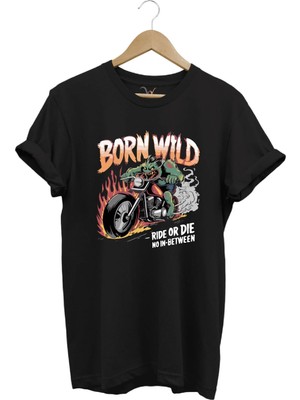 Motorsiklet Born Wild Ride Or Die Baskılı Kuru Kafa %100 Pamuk Regular Fit Bisiklet Yaka T-Shirt