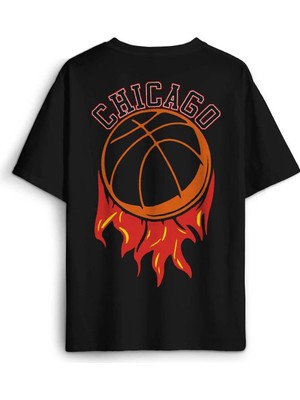  Siyah Oversize Tişört Basketbol Spor Basketball Chicago Yazı Sırt Ön Baskılı Unisex T-Shirt