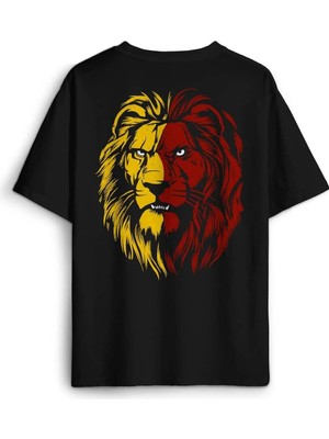  Aslan Kafası Sarı Kırmızı Yeleli Lion Sırt Ön Baskılı Oversize Tişört Unisex T-Shirt