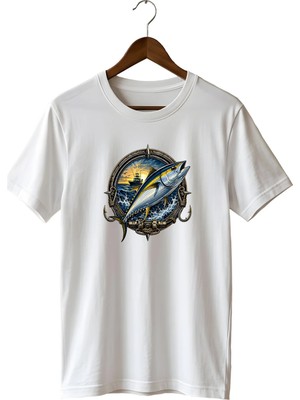  Orkinos Balık Baskılı Unisex Tişört Fishing Deniz Balıkçılığı Temalı Bisiklet Yaka T-Shirt