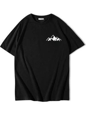  Unisex Oversize Minimal Dağ T-Shirt Siyah