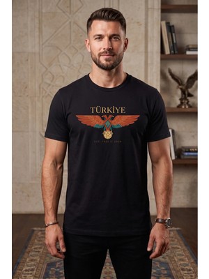  Unisex Türkiye Çift Başlı Kartal Baskılı Oversize Bisiklet Yaka T-Shirt