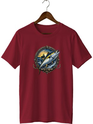  Orkinos Balık Baskılı Unisex Tişört Fishing Deniz Balıkçılığı Temalı Bisiklet Yaka T-Shirt
