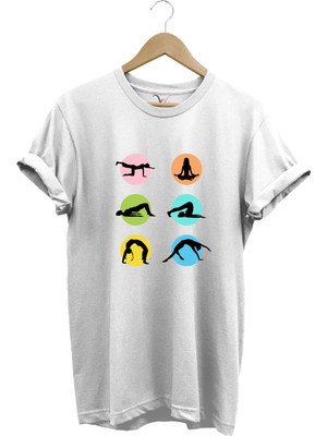  Yoga Meditasyon Hareketleri Baskılı %100 Pamuk Regular Fit Bisiklet Yaka Beyaz T-Shirt