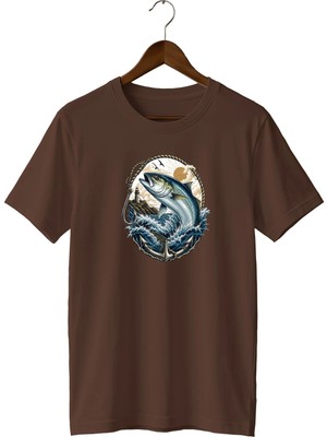  Deniz Balığı Baskılı Unisex Tişört Fishing Outdoor Denizcilik Temalı Bisiklet Yaka T-Shirt