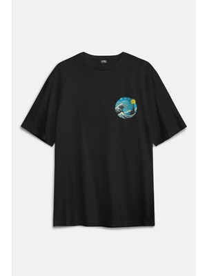 Starry Night Great Wave Hokusai Van Gogh Art Painting Sanat Minimal Baskılı Siyah Oversize T-Shirt
