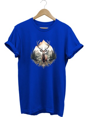  Unisex Geyik ve Dağ Manzaralı Baskılı Bisiklet Yaka Tişört T-Shirt