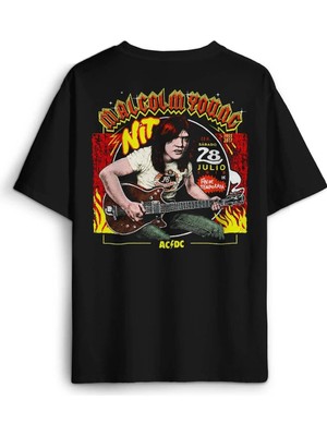  Guitar Malcolm Young Ac/dc Gitar Hard Rock Music Baskılı Oversize T-Shirt Siyah Unisex Tişört