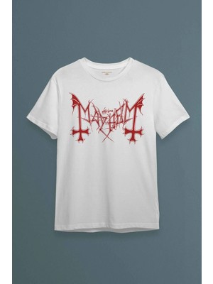  Beyaz Tişört Black Metal Mayhem Music Rock Pamuklu Unisex T-Shirt