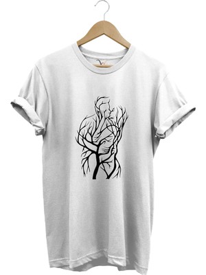  14 Şubat Sevgililer Günü Sarılan Çift Baskılı %100 Pamuk Regular Fit Bisiklet Yaka Beyaz T-Shirt