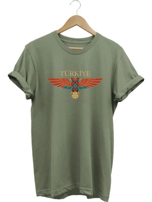  Unisex Türkiye Çift Başlı Kartal Baskılı Oversize Bisiklet Yaka T-Shirt
