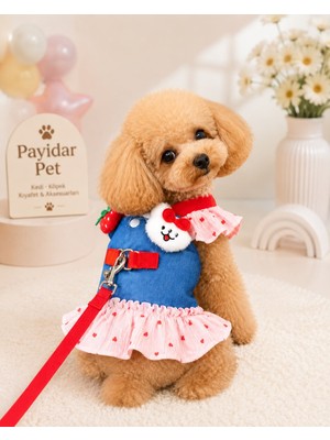 Payidar Hediyelik Premium Çilek Desen Köpek / Kedi Elbisesi - Göğüs Tasması (2 Parça Elbise ve Gezdirme Kayışı) Şık Denim Tasarım