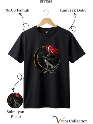  Türk Bayraklı Atlı Savaşçı Bozkurt ve Kurt Figürlü %100 Pamuk Regular Fit Unisex T-Shirt
