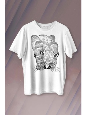  Kara Kedi Silüet Çizim Black Cat Bıyıklı Baskılı Tişört Unisex T-Shirt
