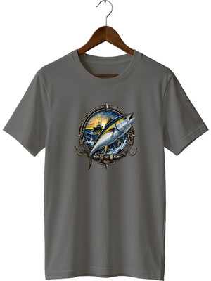  Orkinos Balık Baskılı Unisex Tişört Fishing Deniz Balıkçılığı Temalı Bisiklet Yaka T-Shirt