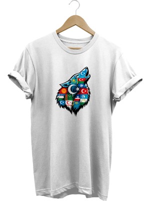  Unisex Türk Devletleri Bayraklı Bozkurt Baskılı Regular Tişört