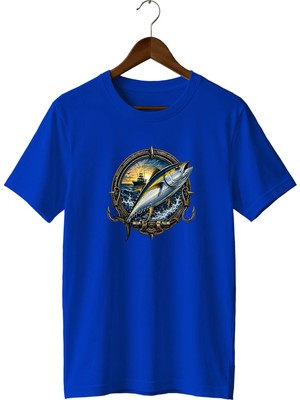  Orkinos Balık Baskılı Unisex Tişört Fishing Deniz Balıkçılığı Temalı Bisiklet Yaka T-Shirt