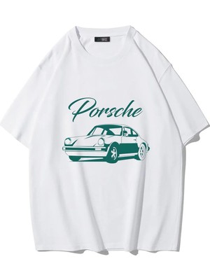  Unisex Oversize Vintage Porsche T-Shirt (Beyaz)