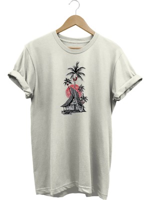  Unisex Regular Tropikal Ada Evi ve Palmiye Baskılı Bisiklet Yaka T-Shirt