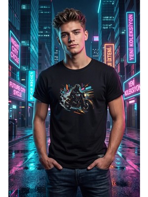  Unisex Neon Cyberpunk Motosiklet Baskılı Özel Tasarım %100 Pamuklu Bisiklet Yaka Tişört T-Shirt