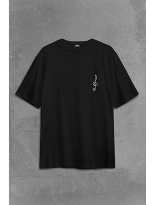  Sol Anahtarı Gitar Guitar Saz Rock Caz Müzik Sırt Ön Baskılı Oversize Tişört Unisex T-Shirt