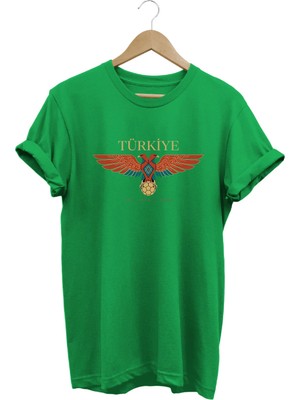  Unisex Türkiye Çift Başlı Kartal Baskılı Oversize Bisiklet Yaka T-Shirt