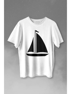  Yelkenli Gemi Silüeti Baskılı Tişört Unisex T-Shirt