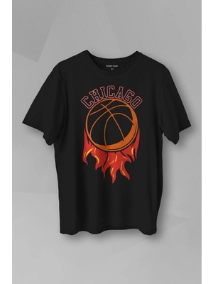  Unisex T-Shirt Basketbol Spor Basketball Chicago Yazı Siyah Baskılı Tişört
