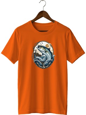  Deniz Balığı Baskılı Unisex Tişört Fishing Outdoor Denizcilik Temalı Bisiklet Yaka T-Shirt