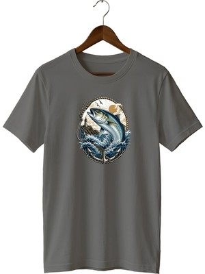  Deniz Balığı Baskılı Unisex Tişört Fishing Outdoor Denizcilik Temalı Bisiklet Yaka T-Shirt