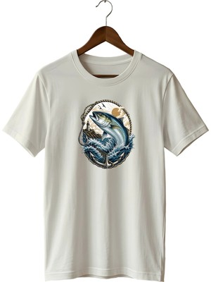  Deniz Balığı Baskılı Unisex Tişört Fishing Outdoor Denizcilik Temalı Bisiklet Yaka T-Shirt