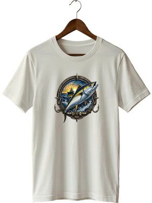  Orkinos Balık Baskılı Unisex Tişört Fishing Deniz Balıkçılığı Temalı Bisiklet Yaka T-Shirt